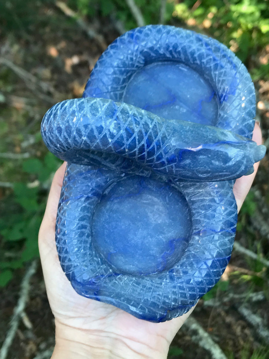 Snake Dragon Twin Tea Light Candle Holder, Altar Offering Bowl, Blue Aventurine