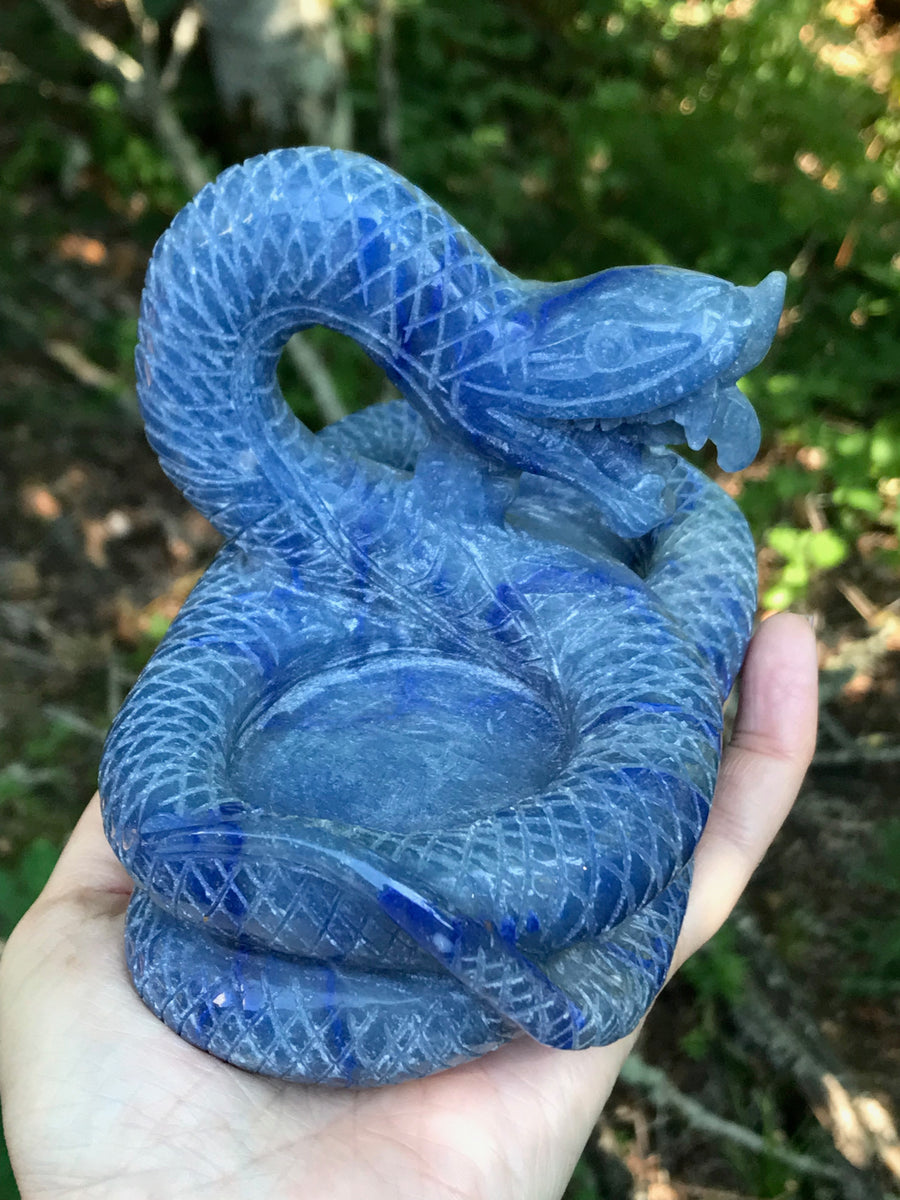 Snake Dragon Twin Tea Light Candle Holder, Altar Offering Bowl, Blue Aventurine