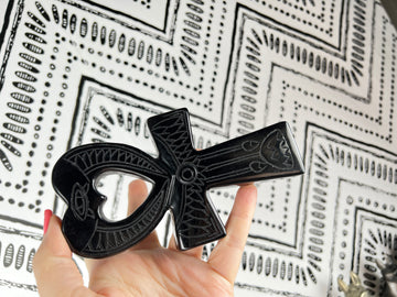 Black Obsidian Heart w/Egyptian Carving Crystal Ankh Cross, 6 Inch