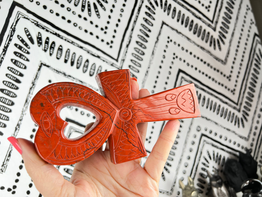 Red Jasper Egyptian Carving Heart Ankh Cross, 6 Inch