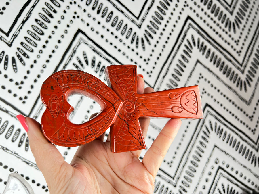 Red Jasper Egyptian Carving Heart Ankh Cross, 6 Inch