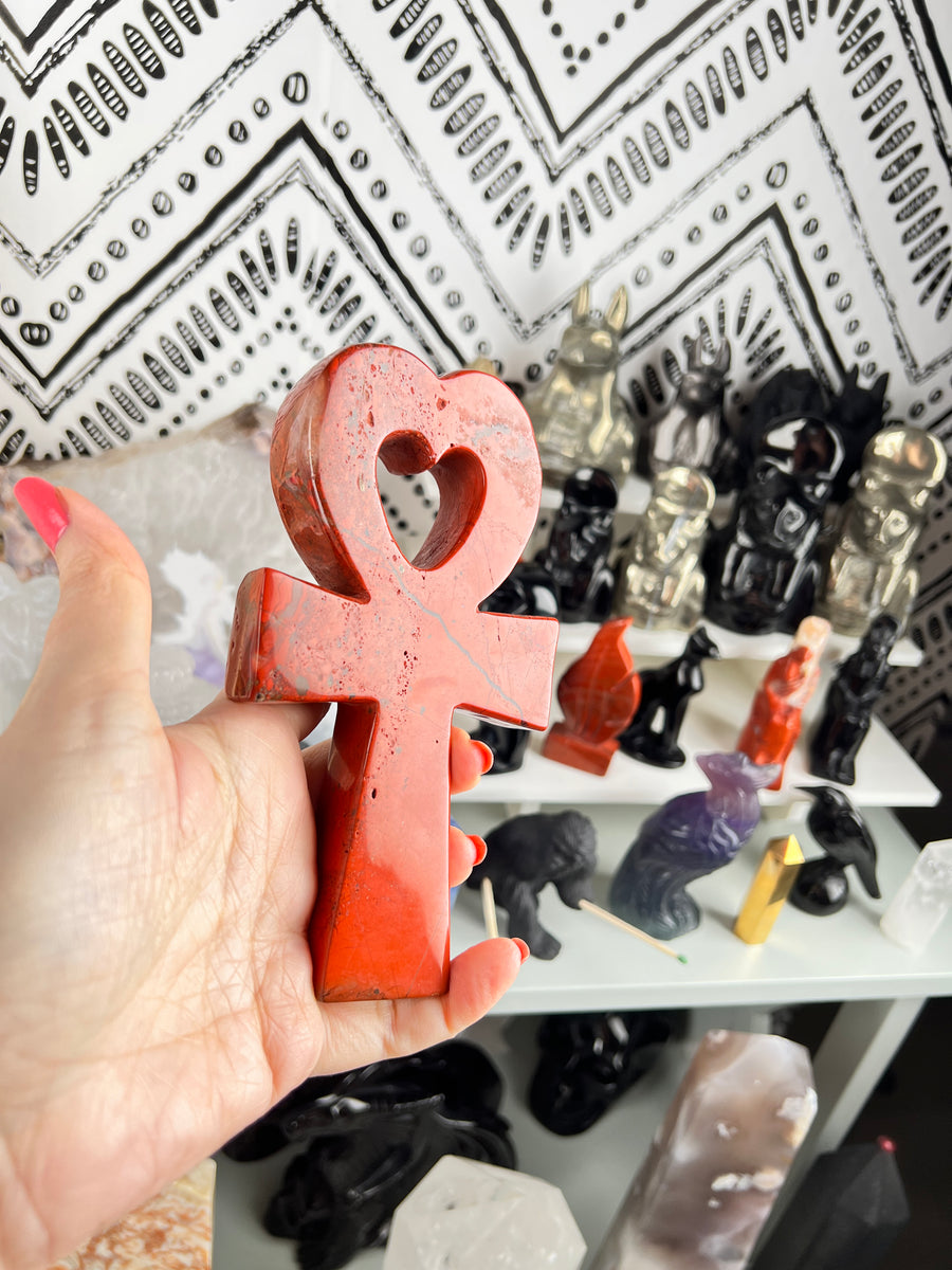 Red Jasper Egyptian Carving Heart Ankh Cross, 6 Inch