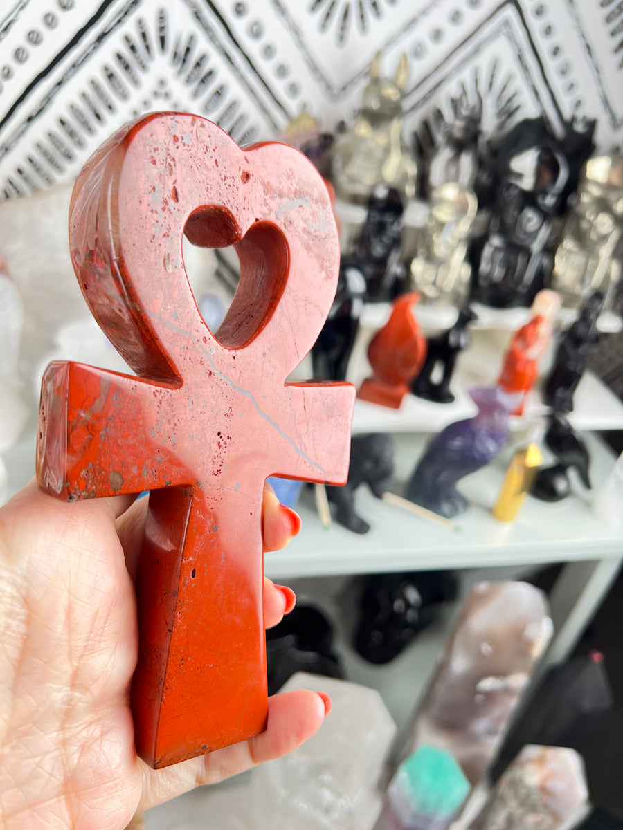 Red Jasper Egyptian Carving Heart Ankh Cross, 6 Inch