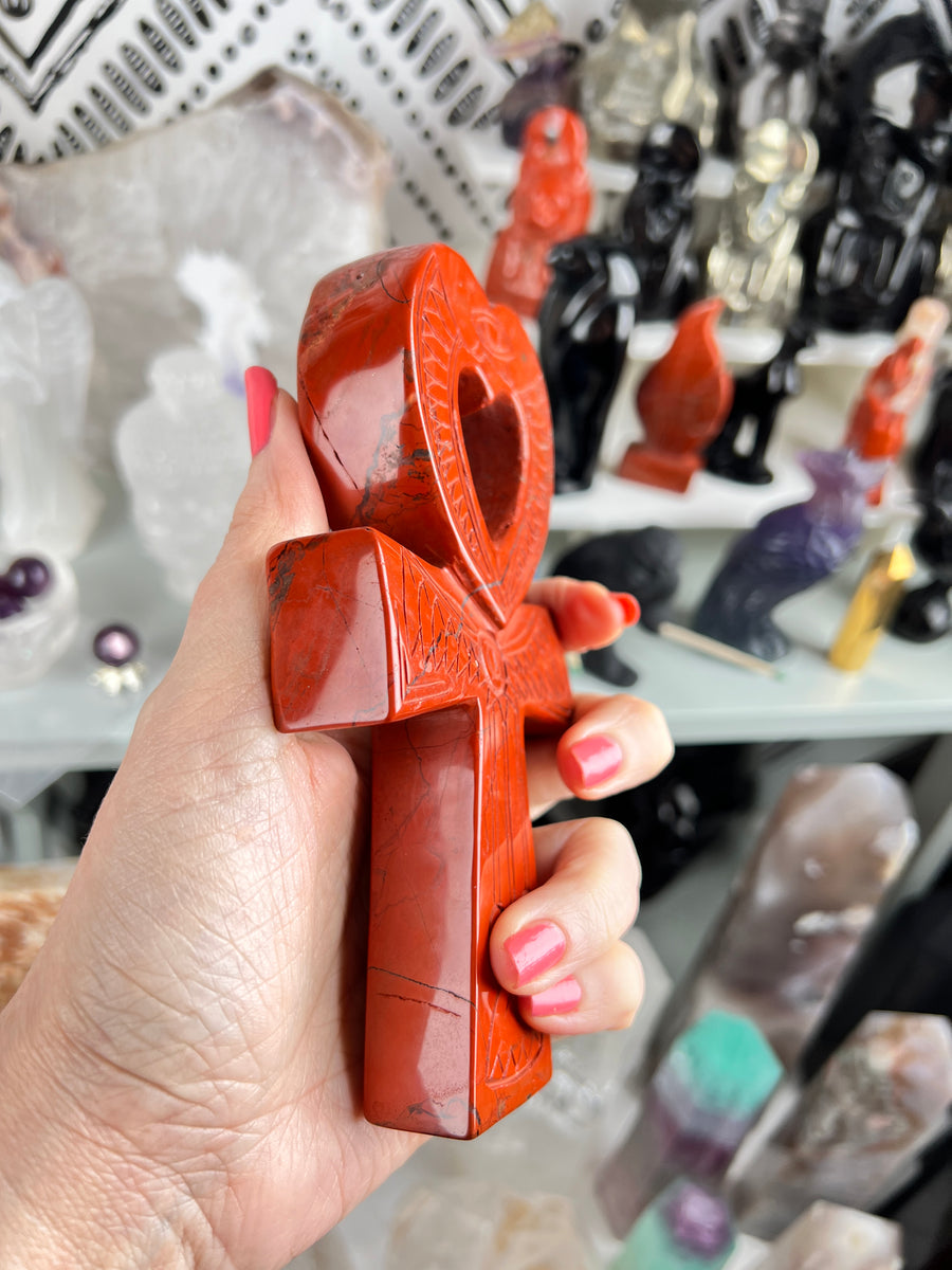 Red Jasper Egyptian Carving Heart Ankh Cross, 6 Inch