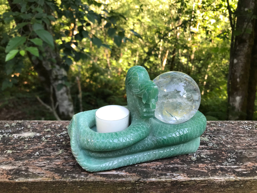 Snake Twin Tea Light Candle Holder, Altar Offering Bowl, Green Aventurine