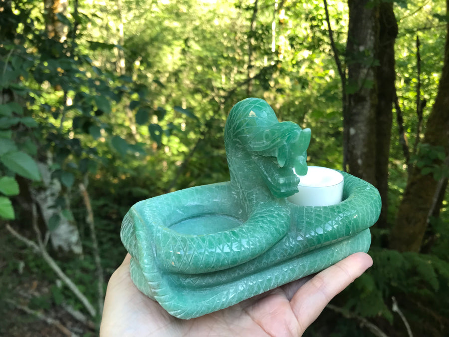 Snake Twin Tea Light Candle Holder, Altar Offering Bowl, Green Aventurine