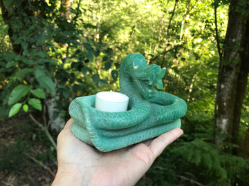 Snake Twin Tea Light Candle Holder, Altar Offering Bowl, Green Aventurine