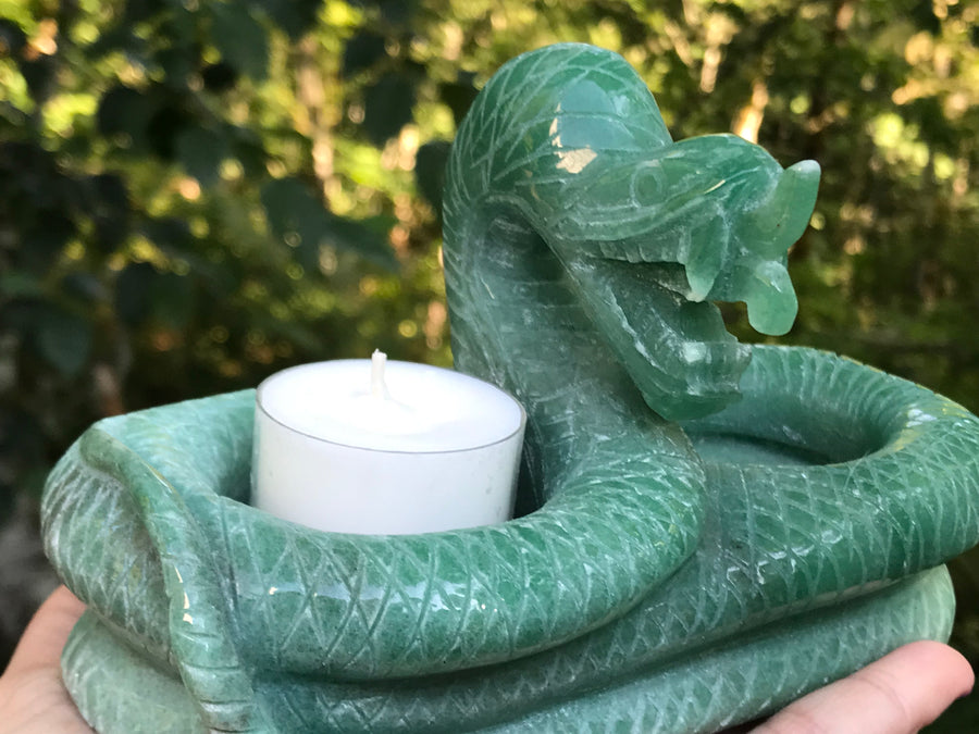 Snake Twin Tea Light Candle Holder, Altar Offering Bowl, Green Aventurine