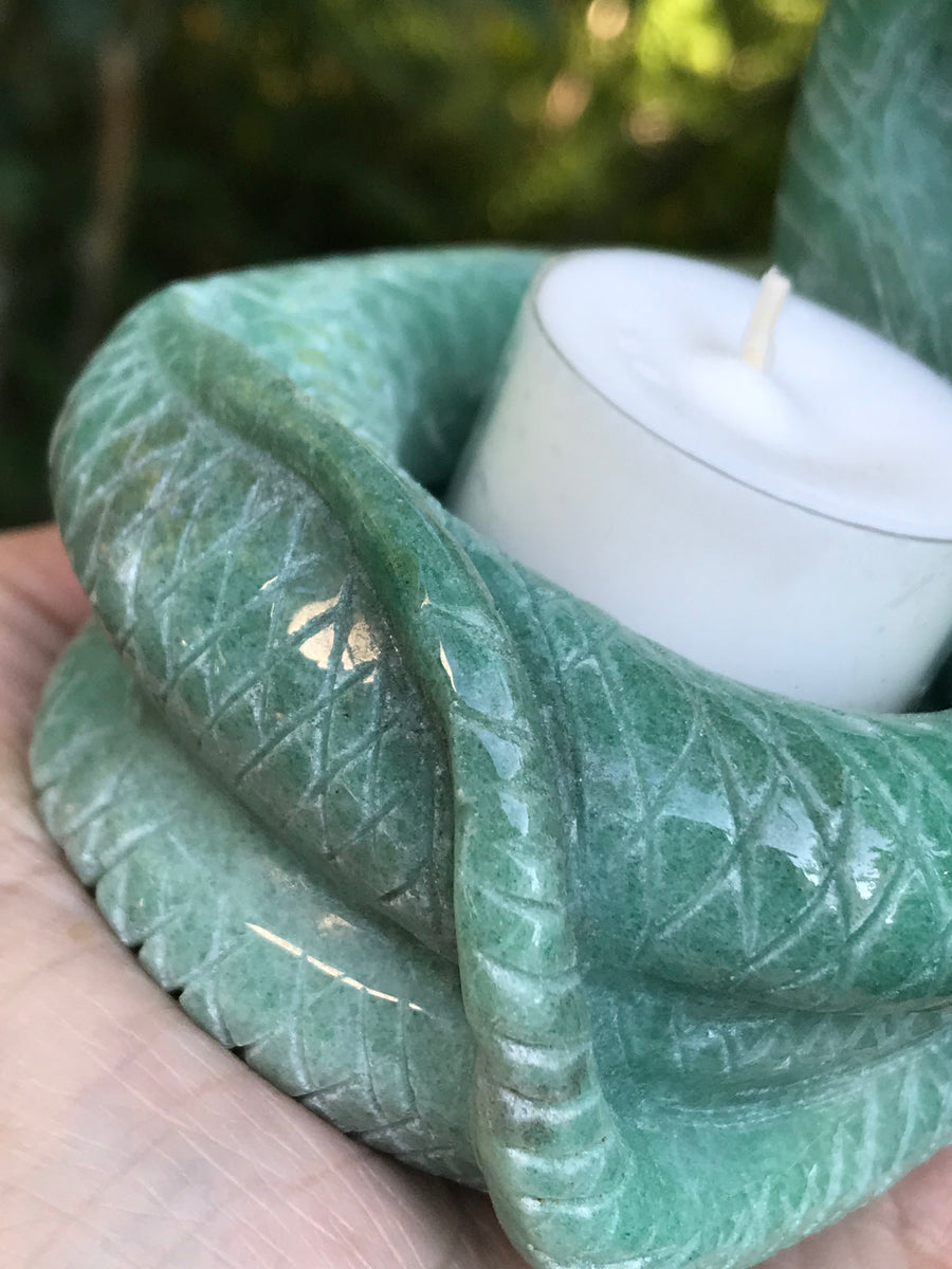 Snake Twin Tea Light Candle Holder, Altar Offering Bowl, Green Aventurine