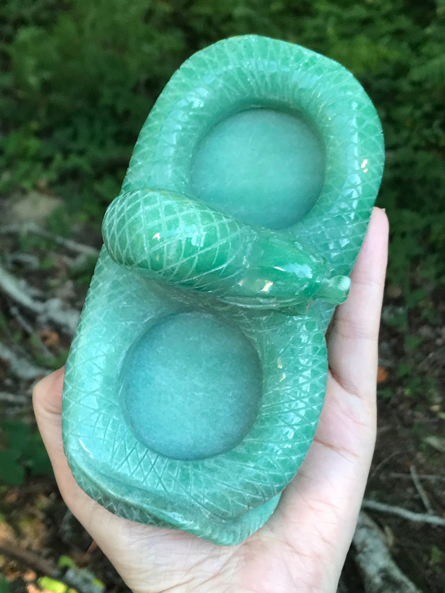 Snake Twin Tea Light Candle Holder, Altar Offering Bowl, Green Aventurine
