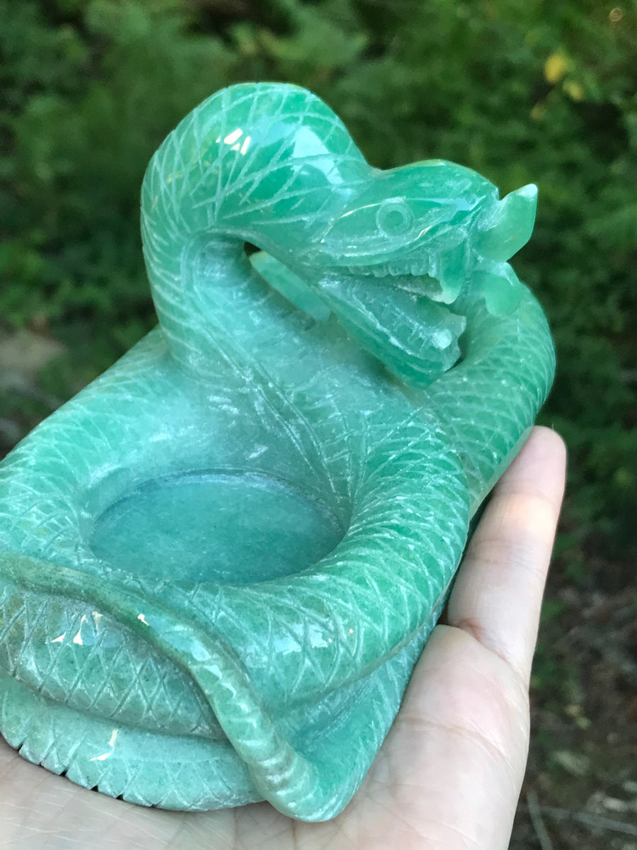 Snake Twin Tea Light Candle Holder, Altar Offering Bowl, Green Aventurine