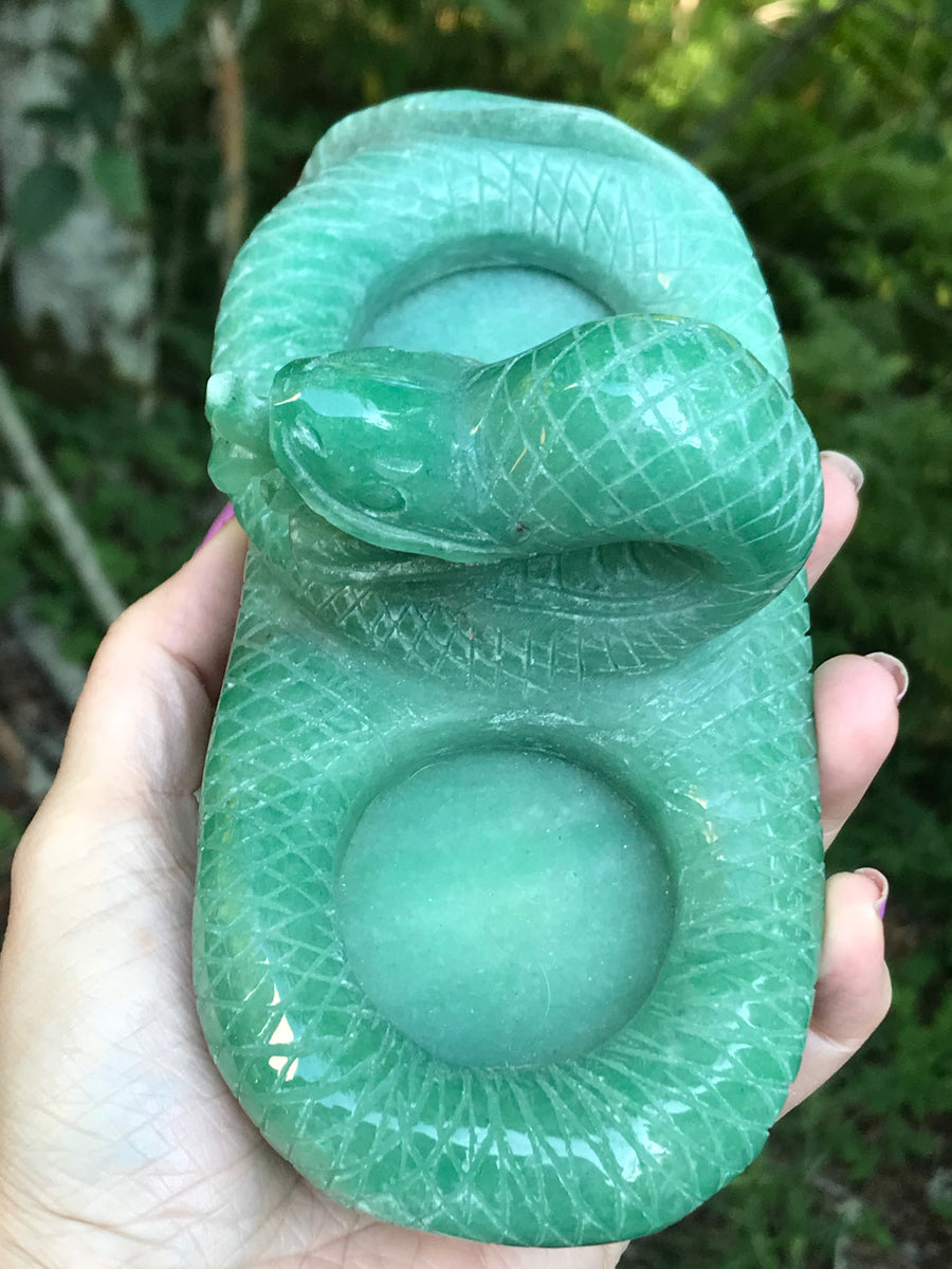 Snake Twin Tea Light Candle Holder, Altar Offering Bowl, Green Aventurine