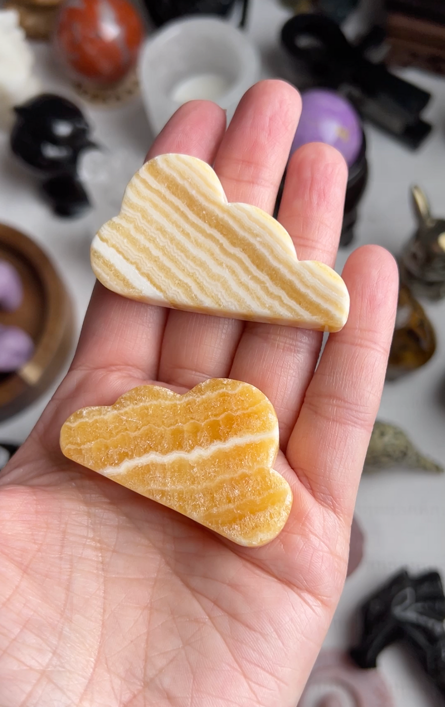 Banded Yellow Calcite Carvings, Assorted Clouds, Moon, Stars, Hearts  -RESERVED FOR INSTAGRAM LIVE SALE--JOIN OUR INSTAGRAM LIVE SALES AT SOULPRIMACRYSTALS, OR EMAIL US AT HELLO@SOULPRIMA.COM FOR INFO